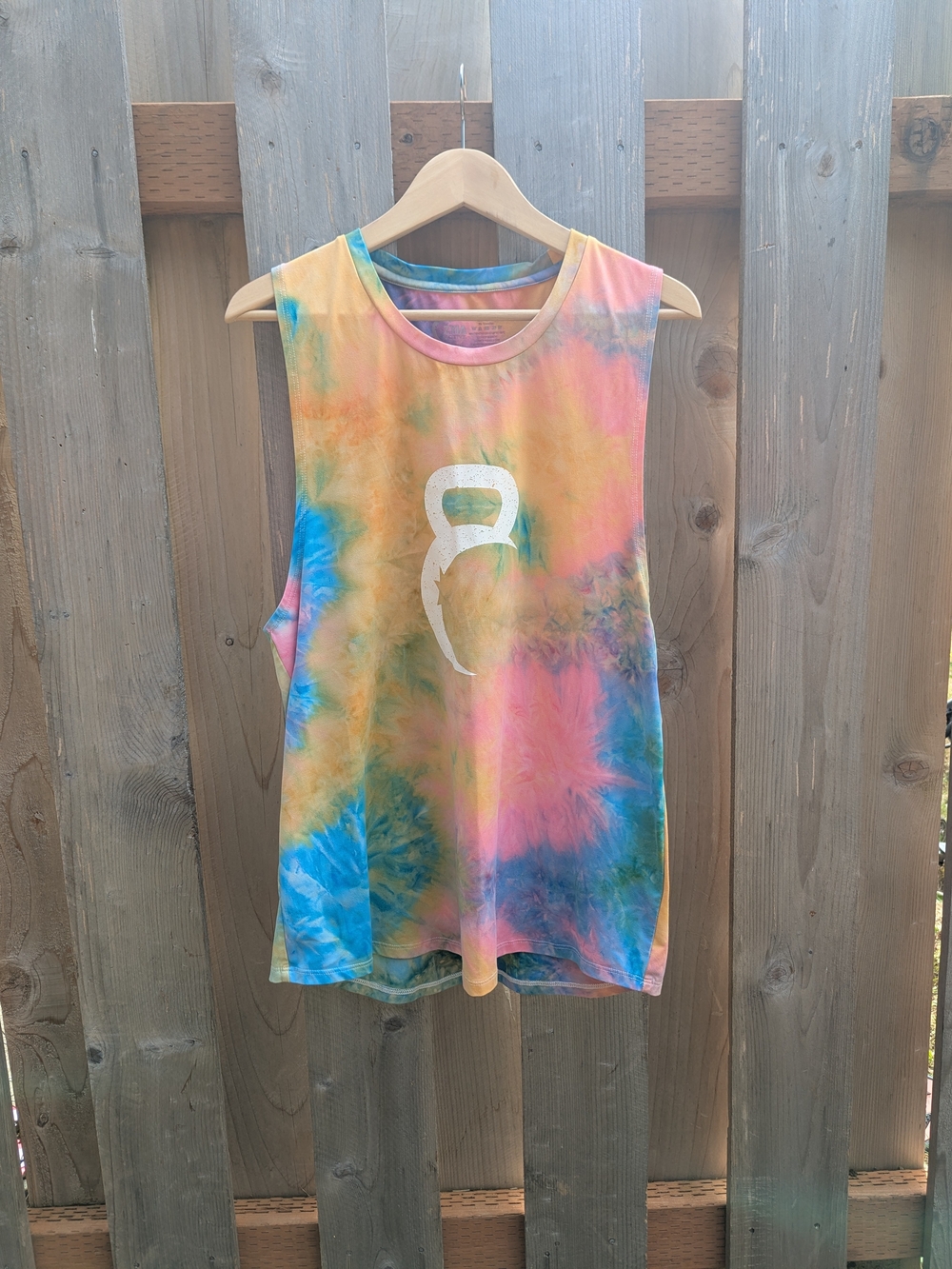 Tie-Dye Muscle Tank Top with White Kettlebell Graphic - Multi